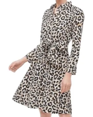 NWT J.Crew Womens Leopard Print Tie Waist‎ Cotton Shirt Dress Long Sleeve Size 0 thumbnail 1