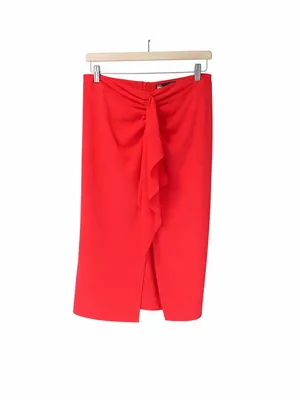 Zara Red Ruffle Midi Skirt M Medium NWT Ruched Draped High Waist Elegant Holiday thumbnail 2