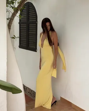 Zara Butter Yellow Halter Maxi Dress with Plunging Halter Neckline Scarf Wedding Party thumbnail 2