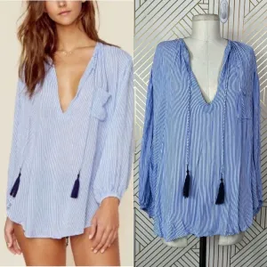 Faithfull the Brand Alice Blue Stripe‎ Tasseled Top Size US 6 thumbnail 2