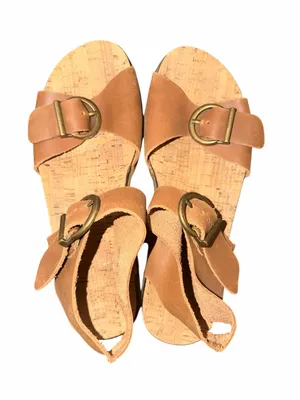 Kickers Tan Leather Cork Slide Sandals with Brass Buckles thumbnail 1