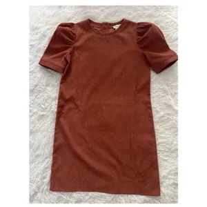 Molly Bracken XS Corduroy Shift Dress Brown Puff Sleeve Mini Retro Fall thumbnail 8
