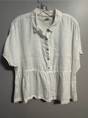 Catherine Malandrino White 100% Linen Peplum Blouse‎ Top Size M thumbnail 1