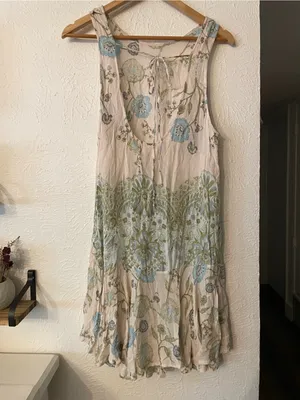 Free People Dobby Dot Slip Dress Floral Tie-Back Swing Blue Accents Medium thumbnail 4