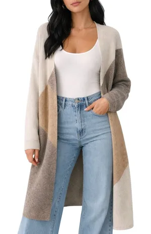 Sincerely Jules Casper Cardigan Beige Tan Brown Colorblock Long Sweater Medium thumbnail 1
