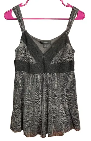 VTG Express Grey Black Abstract Mesh Lace Trim Babydoll Cami Top M Y2K Club Rave thumbnail 1