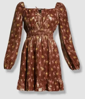 Paige Women's Brown Noah Floral Metallic Dress Size Large Silk Peasant Milkmaid thumbnail 1