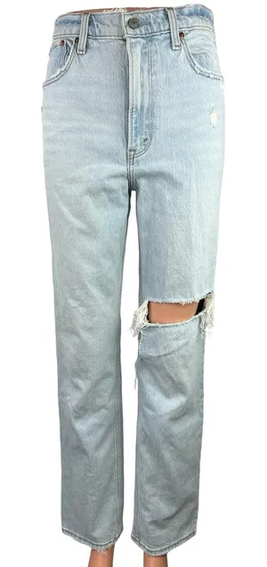 Abercrombie & Fitch The 90s Blue Denim Ultra High Rise Ripped Straight Jeans 2 thumbnail 1