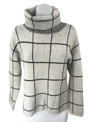 Madewell Women's Gray Rib Knit Long Sleeve Plaid Check Turtleneck Sweater Top S thumbnail 1