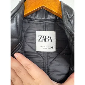 Zara Black Quilted Faux Leather Puffer Jacket Oversized Utility Pockets Medium thumbnail 3