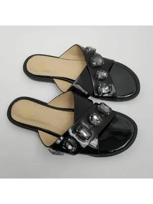 Womens Stone Jeweled Slip On Flat Slide Sandals Rhinestones Black Size 38 thumbnail 6