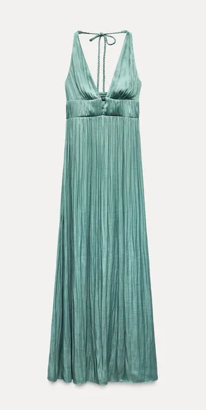 Zara maxi dress boho pleated Teal Evening Gown wedding party cocktail thumbnail 17