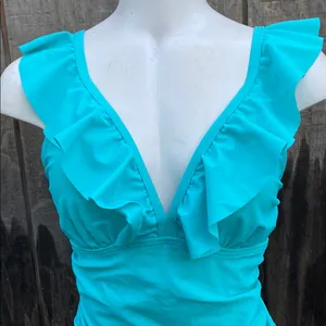 Turquoise Plunge Ruffle Trim Ruched Tummy One Piece Swimsuit Size M thumbnail 5