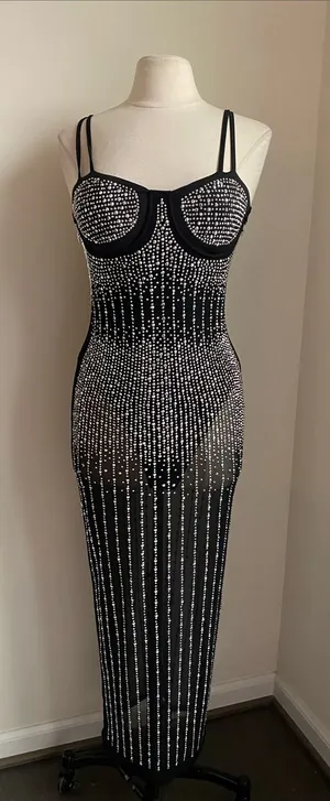 Rhinestone Stretch Black Sheer Midi Dress Built in Bodysuit Womens Sz Large thumbnail 1