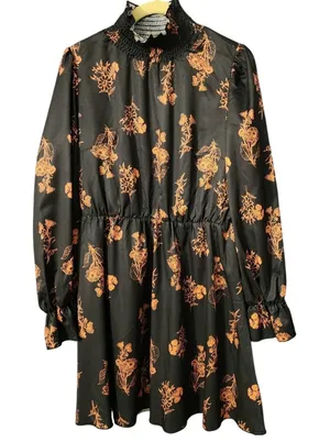 NWT Floerns Womens Cottagecore Dress Black Orange Floral Smocked Mock Neck L thumbnail 1