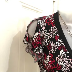 Y2K Vintage Whimsygoth Wrap Top Belted Babydoll V-Neck Blouse Shirt Floral Asymmetrical Hem Short Sleeve USA Made Red White Black-M Measurement in pics Great condition thumbnail 2