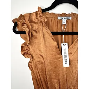 NWT Steve Madden Prairie Dreams Mini‎ Dress Apricot Satin Ruffle Smocked Small S thumbnail 6