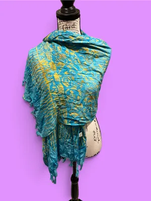 Source Unknown Cute Y2K aqua celestial batik 90s fringe oversized scarf wrap shawl festival thumbnail 3