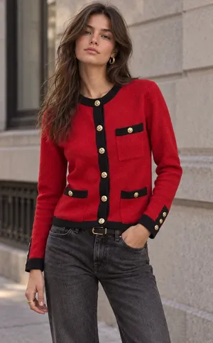 Vintage 100% Cashmere Red Cardigan Black Trim Gold Buttons Small thumbnail 1