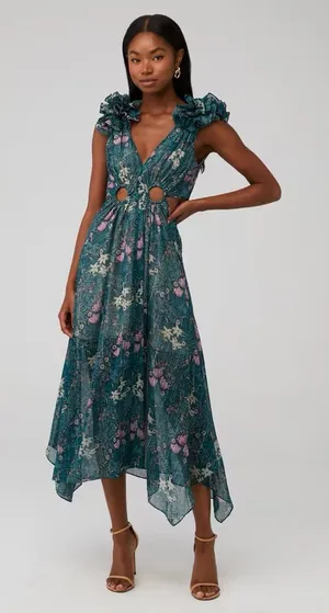 Elliatt kristen green floral‎ ruffle detail maxi cut out dress Small thumbnail 1