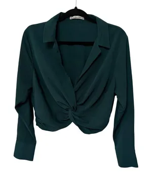 Abercrombie &‎ Fitch Womens Twist Front Crop Top Forest Green Long Sleeve L thumbnail 1