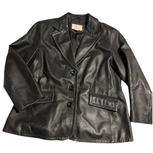 Worthington Black Genuine Lambskin Leather Blazer Jacket‎ Petite Large 3-Button thumbnail 1
