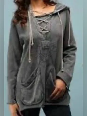 We The Free Women's Gray Lace-Up Hooded Pullover Hoodie - Size L thumbnail 1