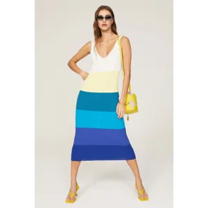 STAUD Blue White Colorblock Stripe Sleeveless V-Neck Dana Midi Dress Size Small thumbnail 2