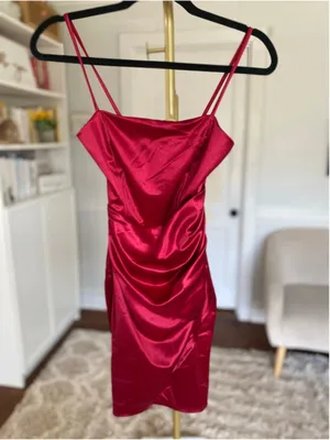 Windsor Red Satin Mini Dress Cowl Neck Ruched Date Night Party Glam Wedding Vaca thumbnail 2