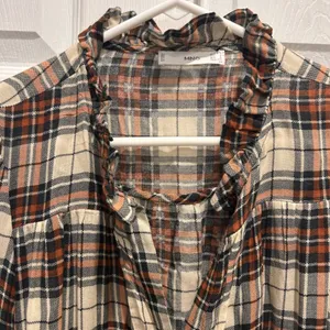 Mango MNG Womens Plaid Ruffle V-Neck Blouse Orange Black‎ Wool Blend 8 Academia thumbnail 3