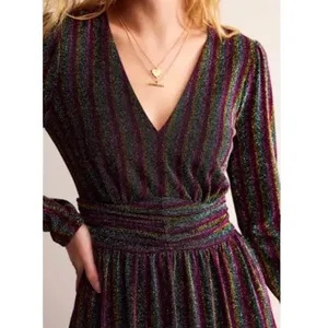 Boden Shimmer Glitter Long Sleeve Stripe Midi Dress Red Black Green Size 8 thumbnail 2