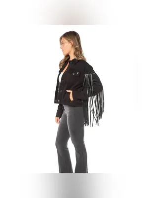 Juicy Couture Black Faux Suede Fringe Trucker Jacket Size Medium thumbnail 2