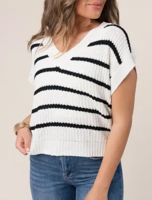 Entro Large Stripe Knit Cap Short Sleeve Sweater Top‎ thumbnail 1
