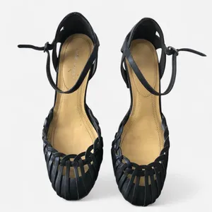 Vintage 90s 2000s Y2K Whimsygoth Leather black fisherman maryjane heels pumps roman hollow strappy cage cone curved round toe basket weaving Heel height:3.2” thumbnail 2