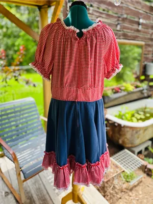 Handmade VINTAGE SQUARE DANCE PRAIRIE DRESS RED GINGHAM CHECKERED w DENIM Size 12/14 thumbnail 3