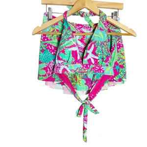Stella Parker Pink Green Starfish Print 2 Piece Halter Swim Skirt Bikini Set M thumbnail 2