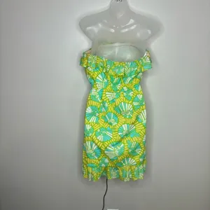 Lilly Pulitzer Strapless Summer Dress Blue Yellow Ruffled Hems size small thumbnail 4