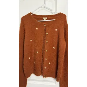 Hem & Thread Rust Orange Fuzzy Eyelash Knit‎ Star Embroidered Cardigan Sweater M thumbnail 2