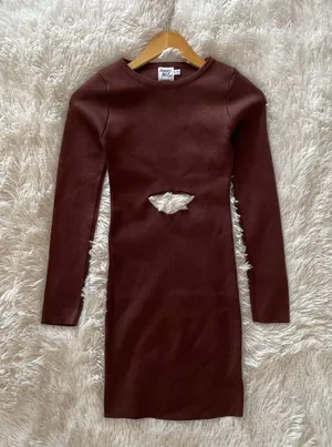 knit cut out Serenity mini dress in brown thumbnail 2