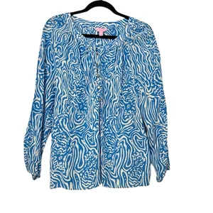 Lilly Pulitzer Camille Blouse Silk Night Swimming Blue White Print Womens Large thumbnail 2