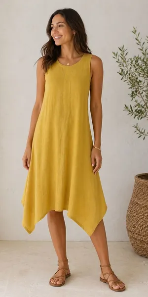 NWT For Cynthia Linen Blend Asymmetrical Yellow‎ Sleeveless Dress Small Flowy thumbnail 1