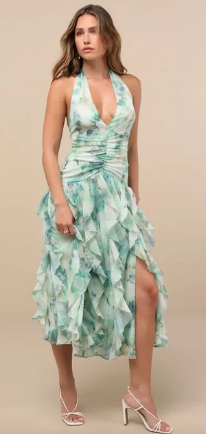 Lulus Febe Teal Green Multi Abstract Halter Ruffled Midi Dress Party XL NWT thumbnail 1