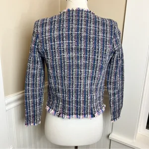 IRO Paris Multi Color Tweed Fringe Collarless Zip Pocket Jacket Blue Pink 36 4 thumbnail 3