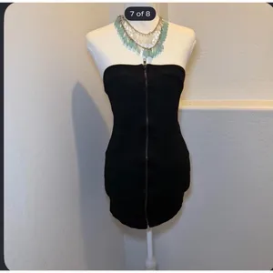 Black Strapless Mini Dress Womens Small Zip Front Bodycon Stretch Tube Dress thumbnail 6