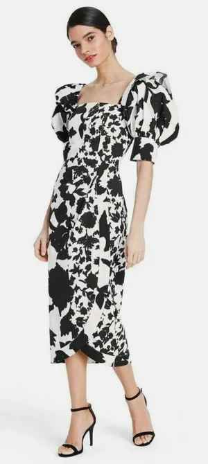 Christopher John Rogers 100% Cotton Black & White Puff-Sleeve Midi Dress Size 4 thumbnail 1
