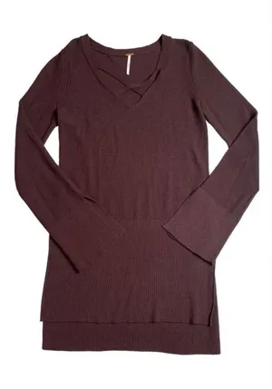 Free People Criss Cross Sweater Tunic Top‎ Split Hem Bell Sleeve Wine Size Small thumbnail 1