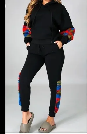 Faux Fur Elbow Patch Hoodie and Sweatpants Set. S/M thumbnail 1