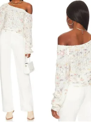 Free People Ivory Combo Sunset Cloud Cropped Sweater Boho‎ Fairycore XL thumbnail 2