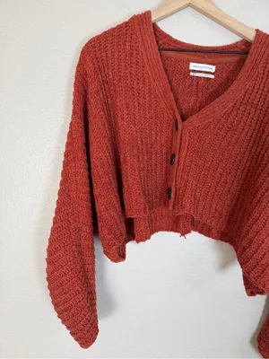 Urban Outfitters Ribbed Cozy Cropped Button Front Cardigan Sweater Burnt Orange thumbnail 3
