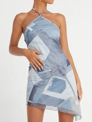 Motel Rocks Adelia Denim Print Mesh Asymmetrical Halter Mini Dress XS thumbnail 1